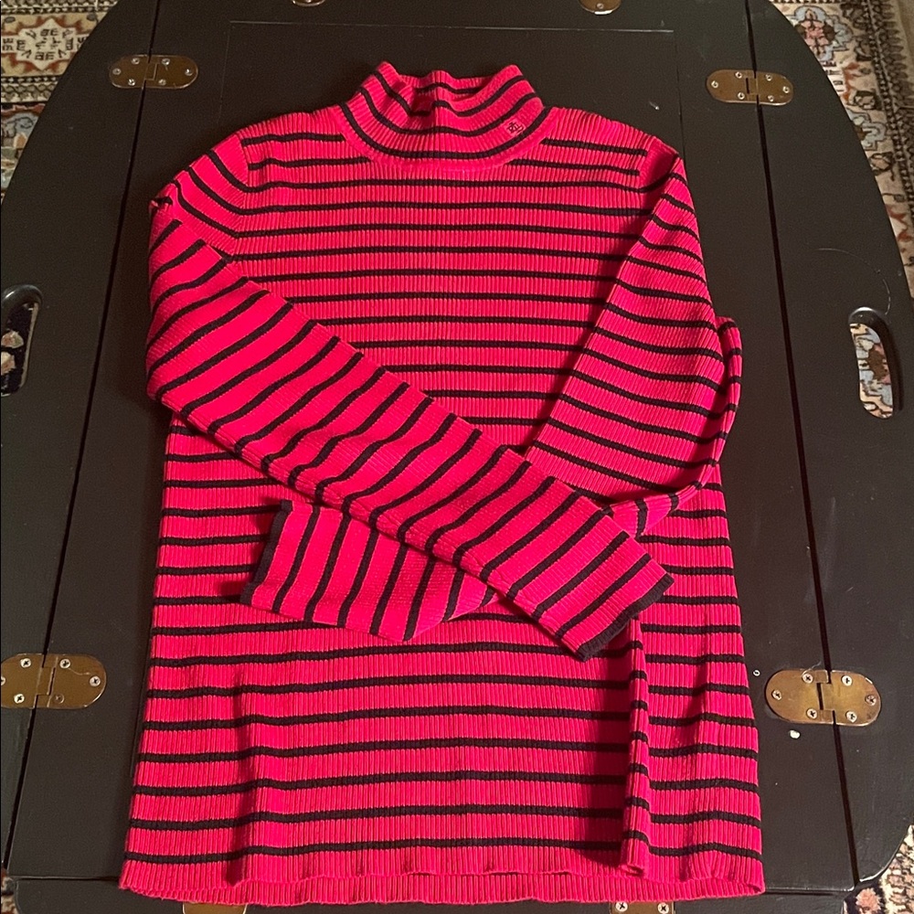 Ralph Lauren Red and Black Striped Turtleneck Sweater